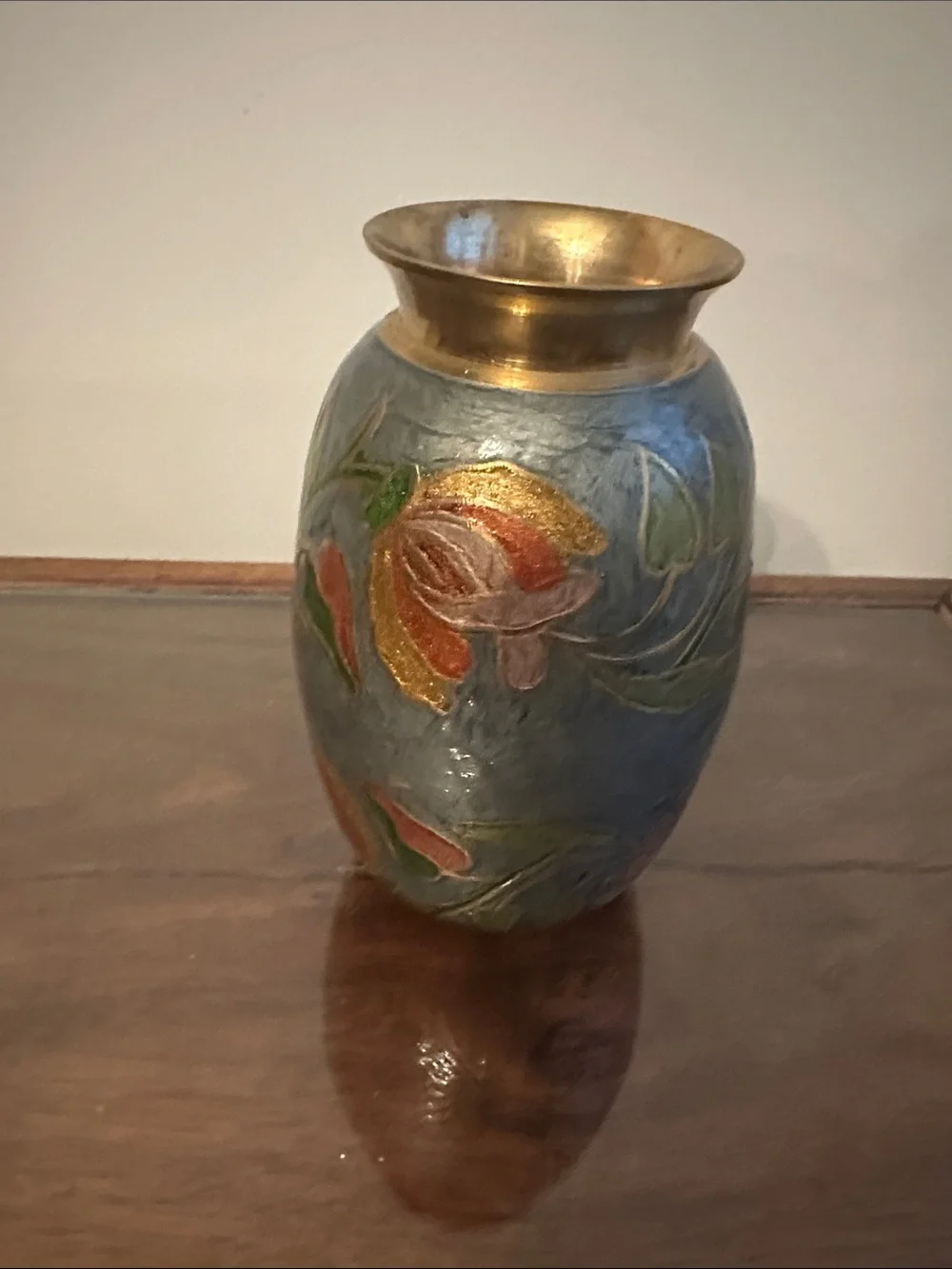 Vintage India Brass-Enamel Floral Vase in Blue and Gold